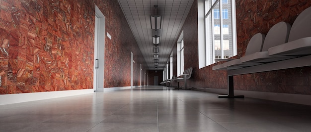 Um corredor vazio em um prédio de escritórios do século 20. Paredes de tijolo cinza, piso de ladrilho claro. Renderização 3d