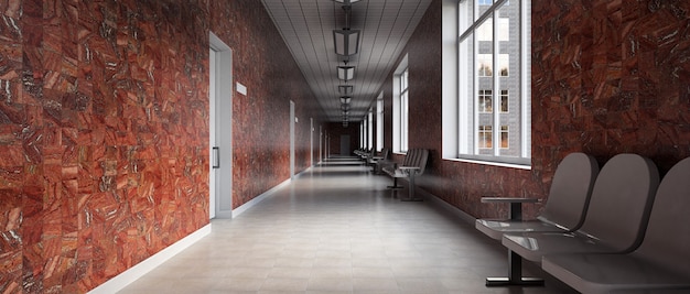 Um corredor vazio em um prédio de escritórios do século 20. Renderização 3D.