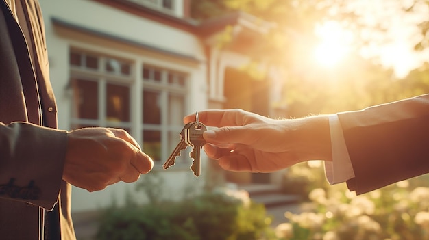 Foto um corretor de imóveis entrega as chaves da casa aos clientes ia generativa