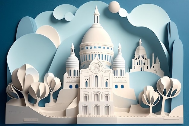 Um corte de papel de uma catedral com a palavra montmartre nele