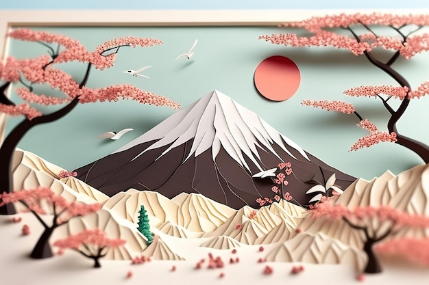 Um corte de papel do monte fuji com flores de cerejeira em primeiro plano.