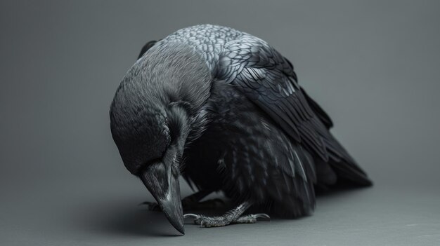 um corvo de cabeça baixa sentado em um estúdio cinza