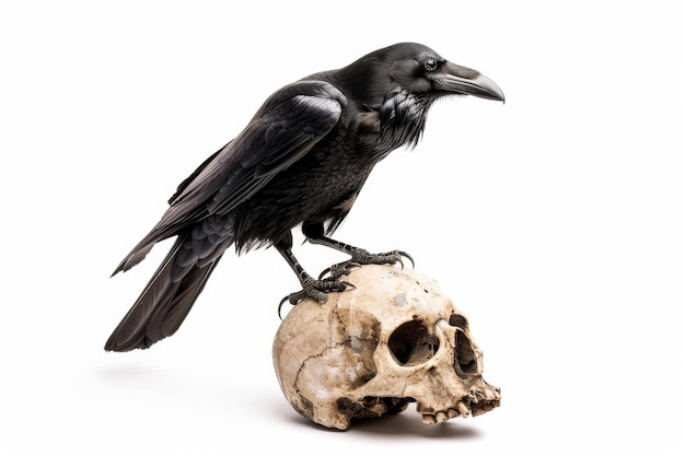 Um corvo descansando em um crânio olhando para a direita