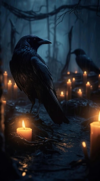 Um corvo está em uma floresta escura com uma vela acesa