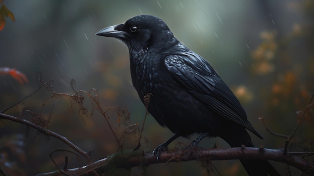 Um corvo preto assustador a cacarejar numa floresta assustadora.