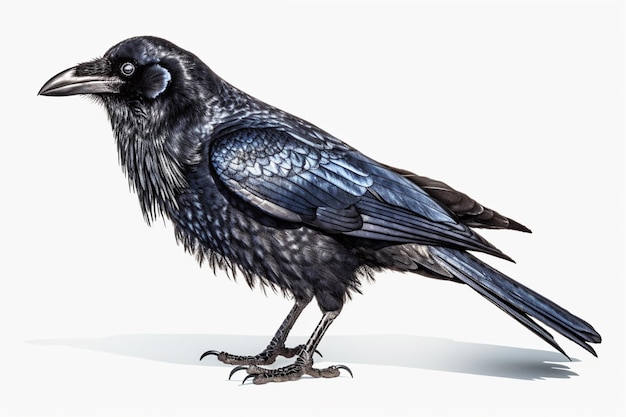 Um corvo preto com cabeça azul e penas pretas.