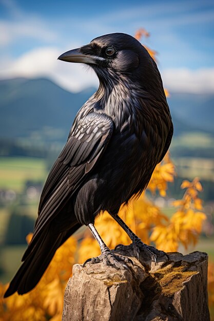 um corvo preto está de pé em um galho de árvore com uma montanha ao fundo