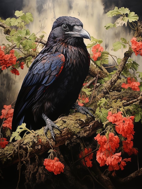 Um corvo preto está sentado num galho com flores ao fundo.