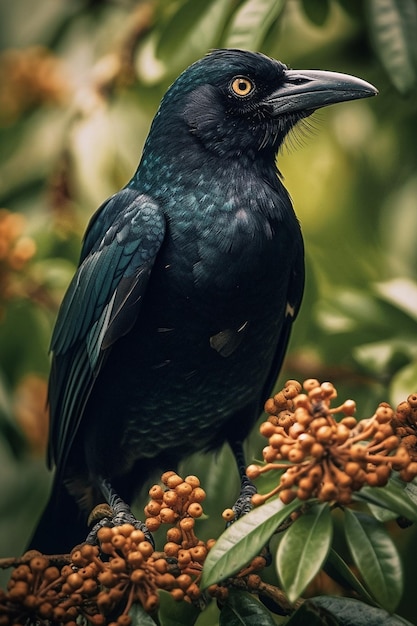 Um corvo senta-se em um galho com fundo verde.