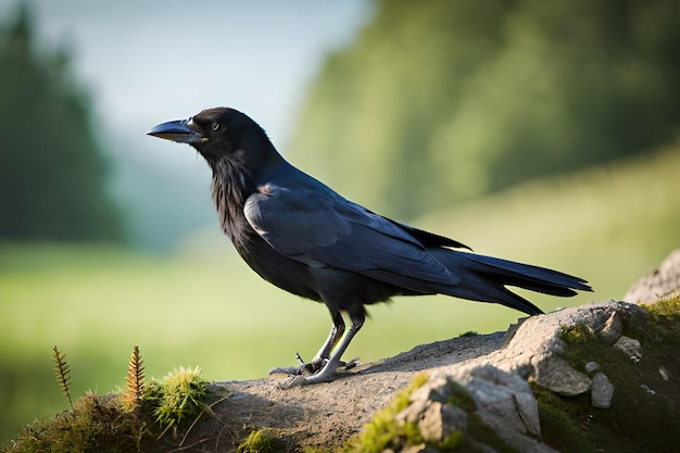 Um corvo senta-se em uma pedra na floresta.