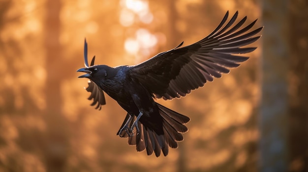 Foto um corvo voa pelo ar