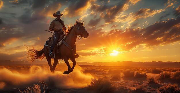 Um cowboy a cavalo ao pôr-do-sol