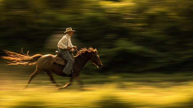 Um cowboy a montar um cavalo numa estrada de campo.