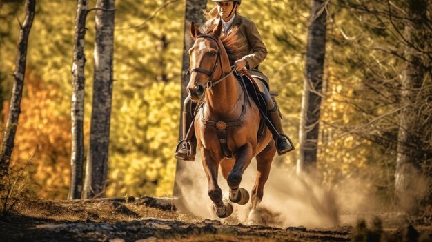 um cowboy cavalga por uma floresta.