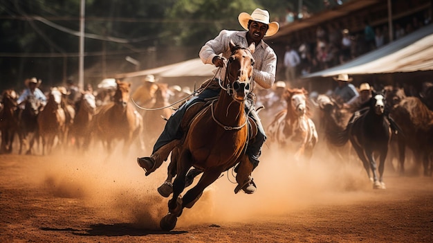 Um cowboy cavalga um cavalo na frente de uma multidão de pessoas.
