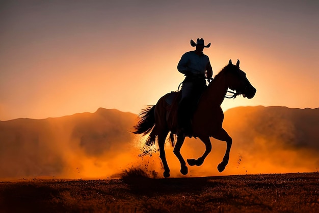 Um cowboy com seu cavalo correndo no campo