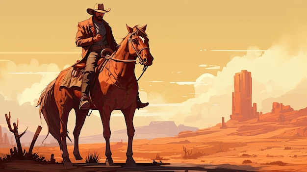 Um cowboy em um cavalo com um castelo ao fundo