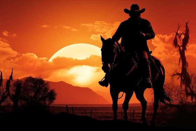 um cowboy em um cavalo com um pôr do sol no fundo
