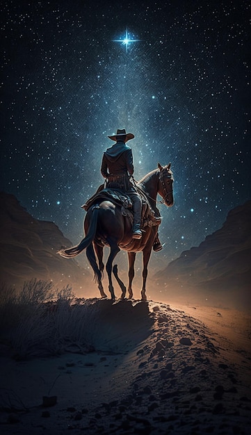 Um cowboy em um cavalo olhando para as estrelas