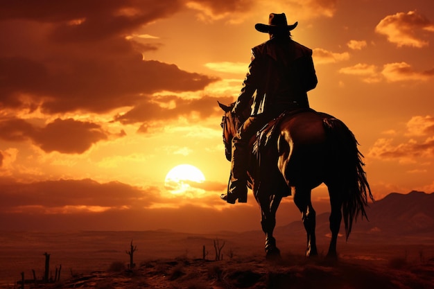 Foto um cowboy monta seu cavalo no pôr do sol.