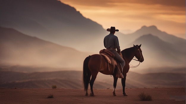 Foto um cowboy sentado num cavalo no deserto.