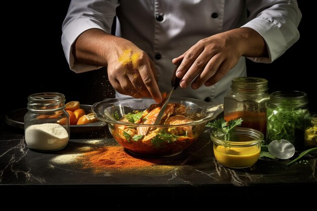 Foto um cozinheiro a misturar especiarias para uma marinada de frango com manteiga