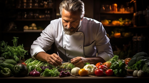 Um cozinheiro em uniforme habilmente corta legumes em uma mesa