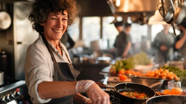 Foto um cozinheiro idoso radiante provoca alegria em um evento culinário