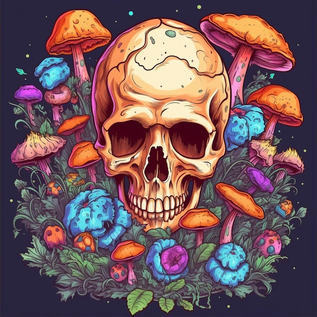 Um crânio cercado por cogumelos e flores em um fundo escuro generativo ai