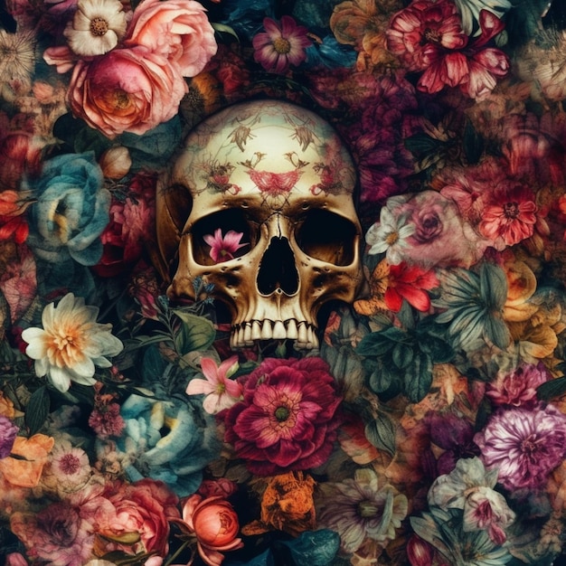 Um crânio cercado por flores é mostrado nesta pintura.