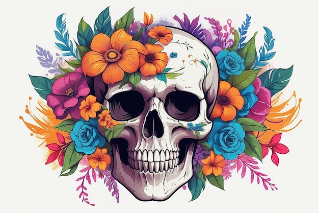 Um crânio colorido com flores e um crânio nele.