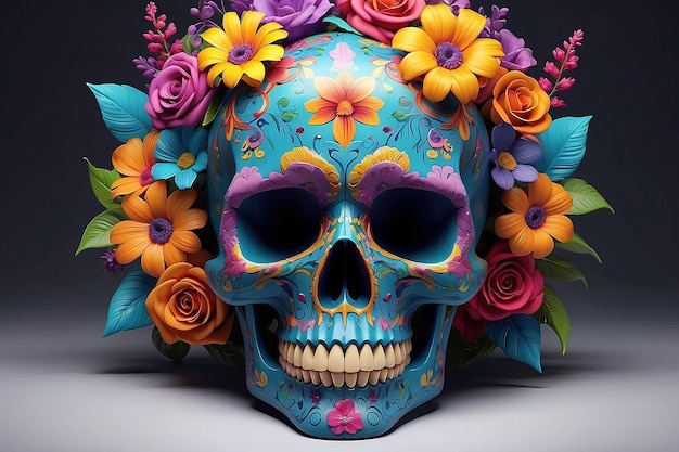 Um crânio colorido com flores e um crânio nele.