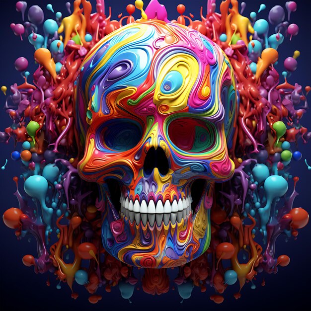 Foto um crânio colorido com um fundo preto e um padrão de arco-íris