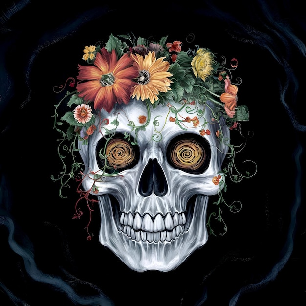 Um crânio colorido sobre um fundo preto