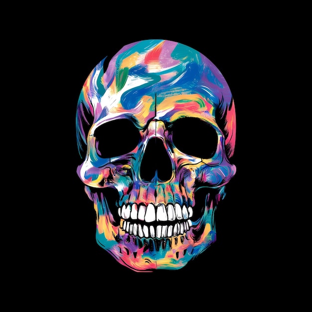 Um crânio colorido sobre um fundo preto