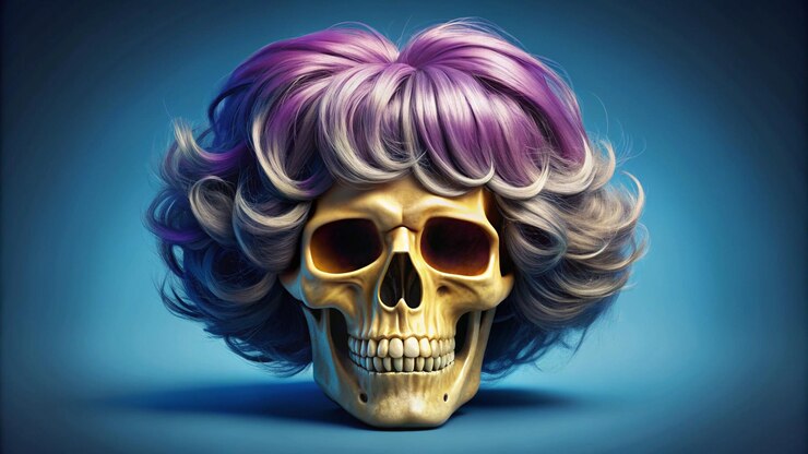 Foto um crânio com cabelo roxo e um crânio nele é mostrado