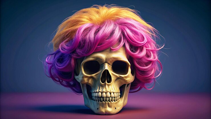 Foto um crânio com cabelo roxo e um crânio nele.