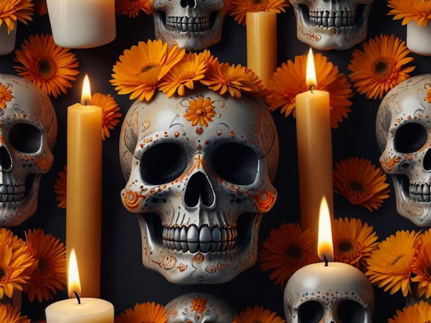 um crânio com flores e um crâneo com uma vela no meio