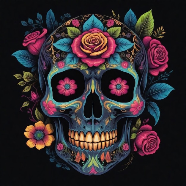 Um crânio com flores e um crânio é pintado em cores coloridas