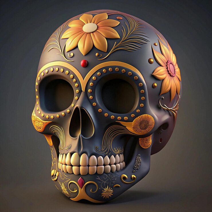 Foto um crânio com flores e um desenho de flores nele