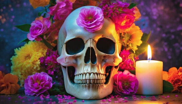Um crânio com flores e uma vela ao fundo