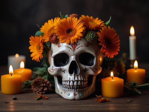 Foto um crânio com flores e velas na frente de um crâneo com flores