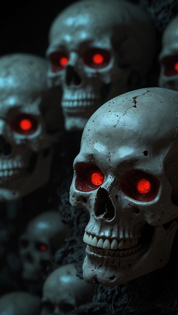 Foto um crânio com olhos vermelhos e olhos vermelhos é exibido na frente de uma fileira de outros crânios