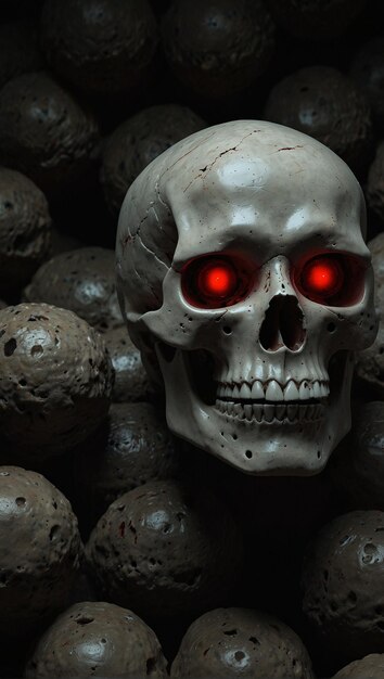 Foto um crânio com olhos vermelhos e um crânio con olhos vermelhos.