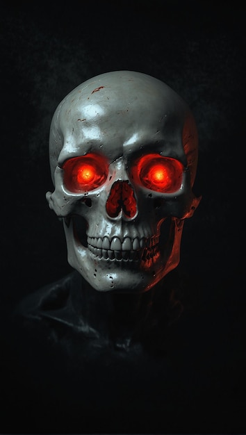 Foto um crânio com olhos vermelhos e um olho vermelho brilhante