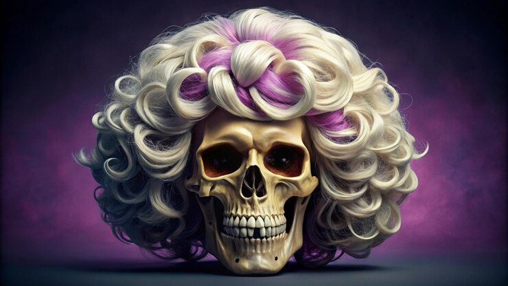 Foto um crânio com um cabelo roxo e um fundo roxo