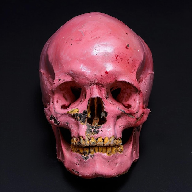 Foto um crânio com uma boca rosa e dentes amarelos e dentes amarelos