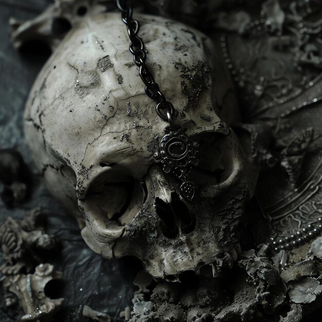 Um crânio com uma cadeia ao redor do pescoço é um símbolo de morte e mortalidade. É um lembrete de que mesmo na morte ainda estamos ligados aos vivos.