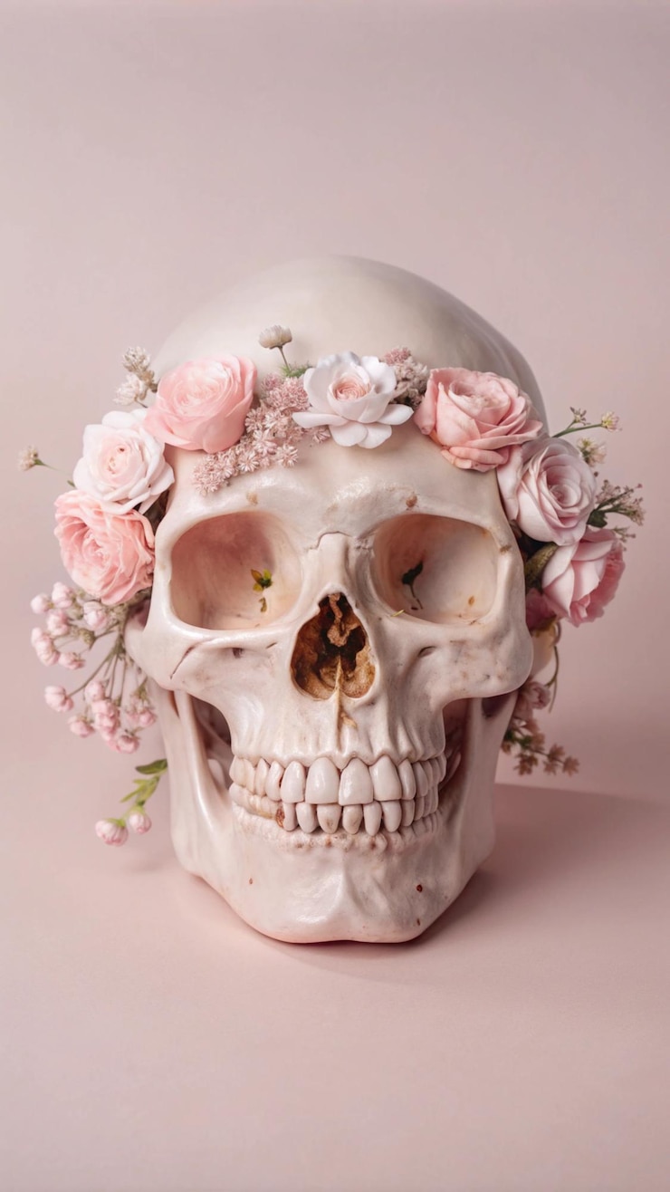 Foto um crânio com uma coroa de flores em cima dele senta-se em um fundo rosa