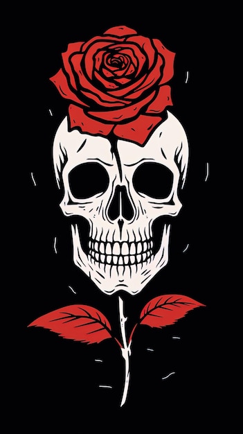 um crânio com uma flor vermelha sobre ele está em um fundo preto